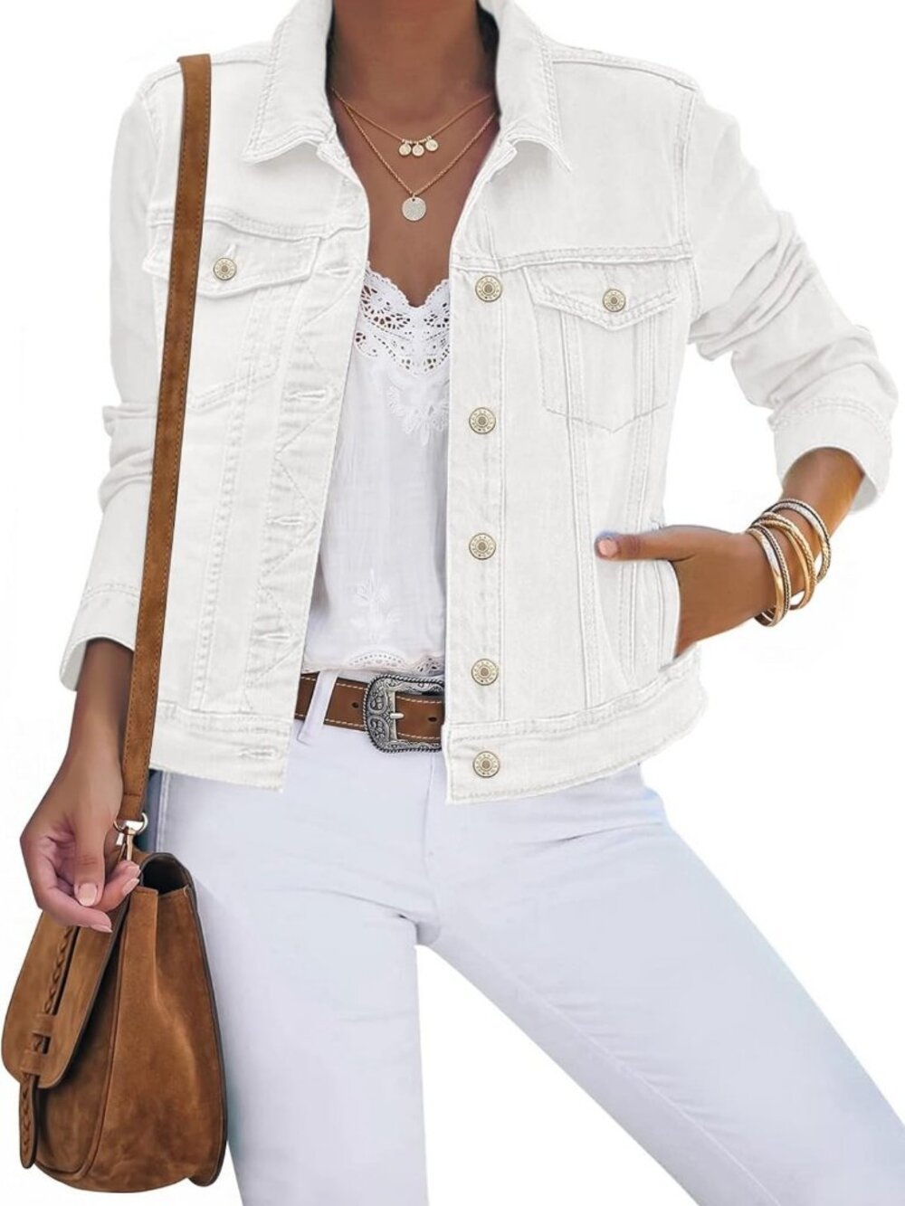 Chic Women's Stretch Fitted Denim Jacket with Button Down & Long Sleeves